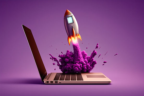 Rocket launching from laptop to show effect of Mobile seo on small business website