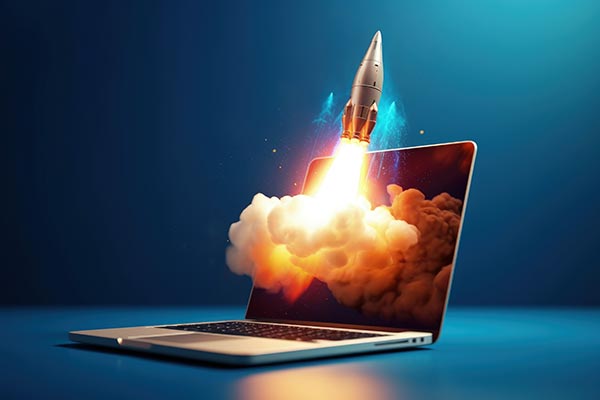 seo optimization for small business - rocket taking off from laptop