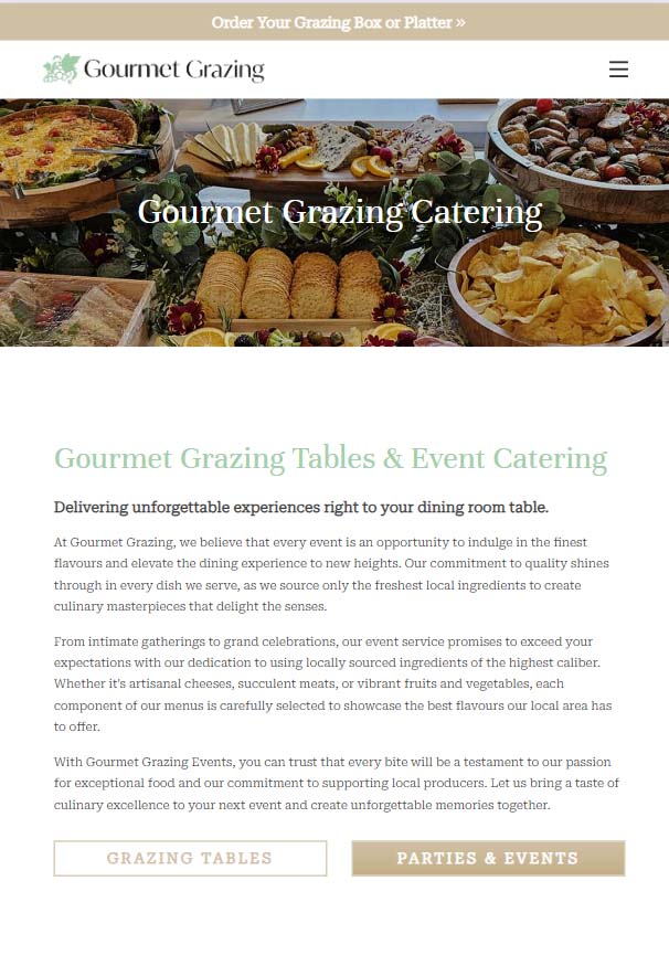 Gourmet Grazing catering website homepage