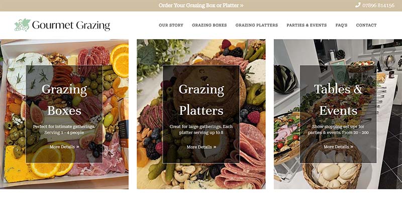 Full desktop view of the Gourmet Grazing website