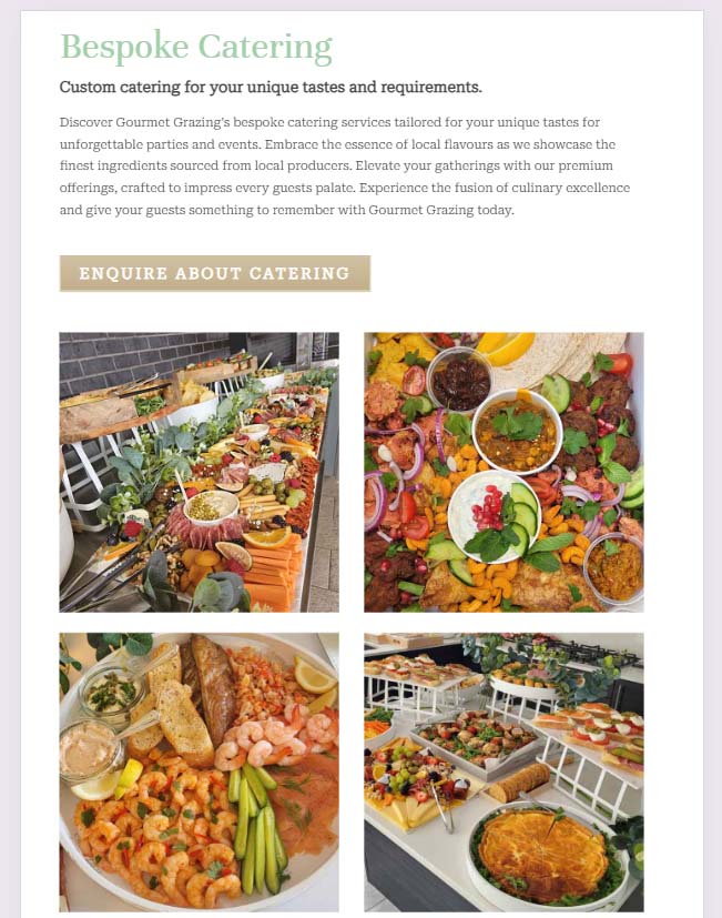 Gourmet Grazing website displayed on a tablet