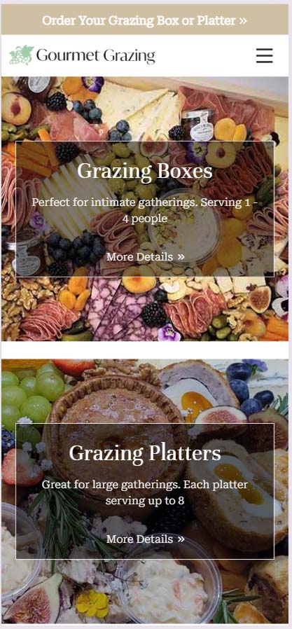 Gourmet Grazing website displayed on a mobile phone