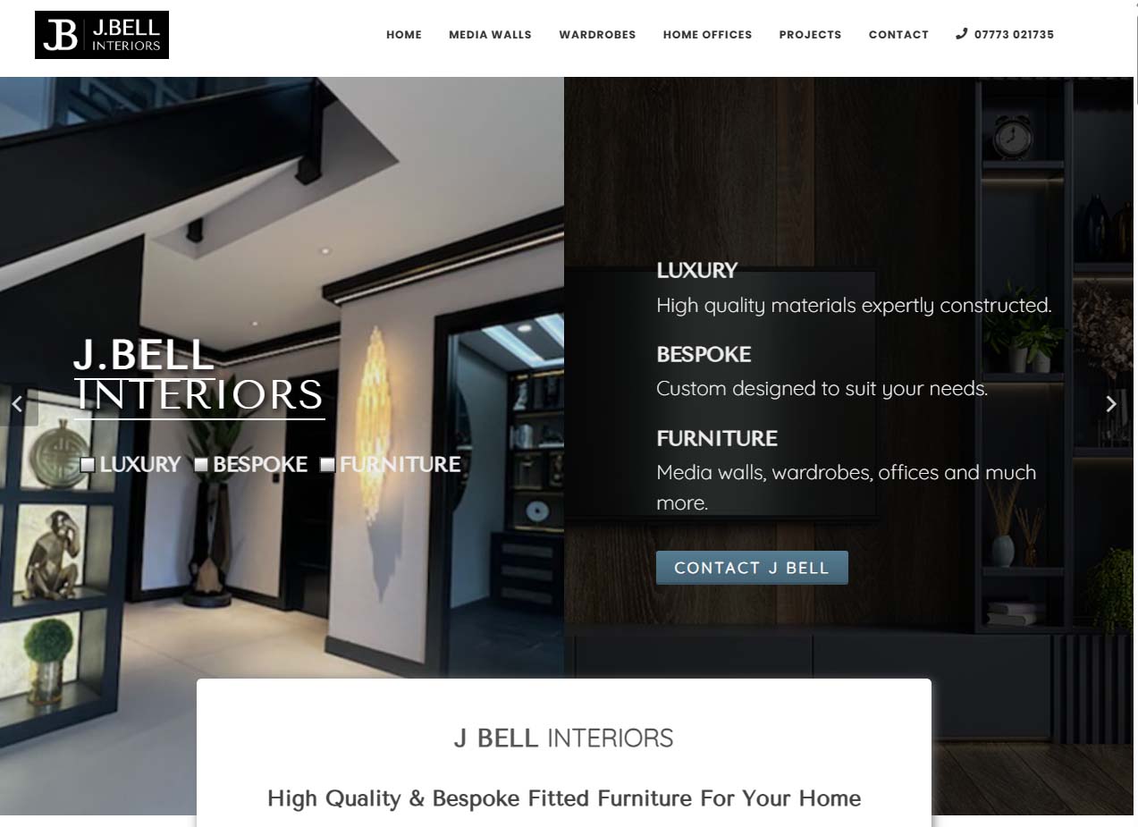 JBell Interiors website displayed on a tablet