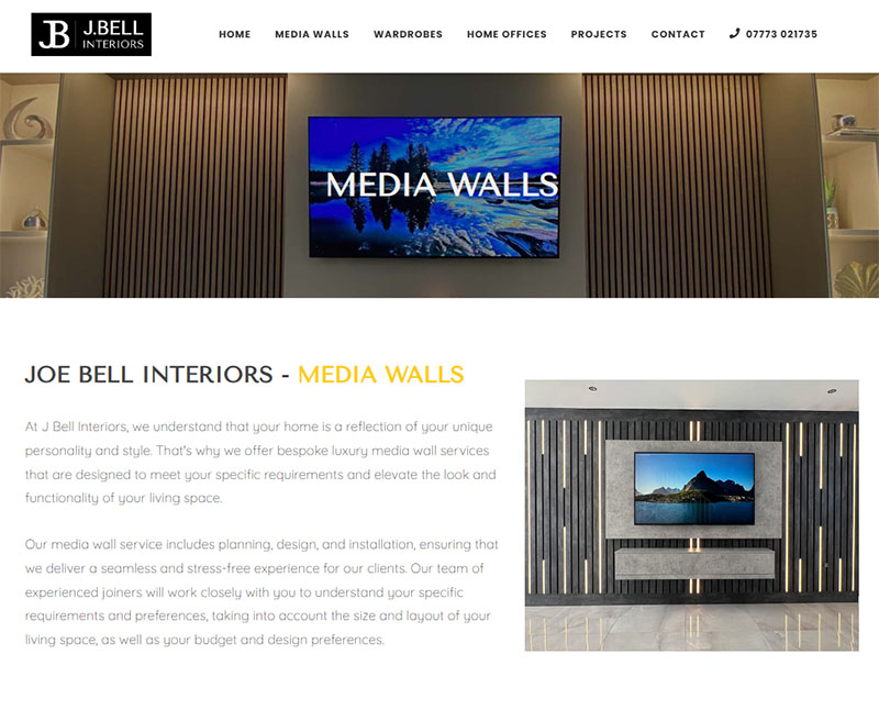 Full desktop view of the JBell Interiors website