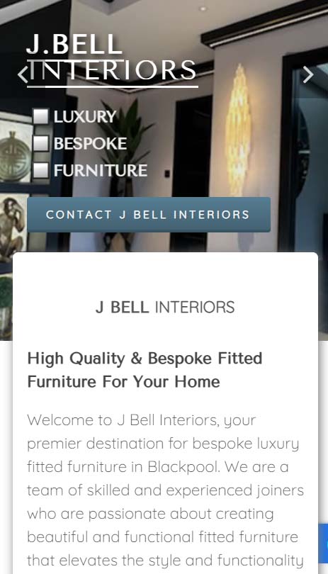 JBell Interiors website displayed on a mobile phone